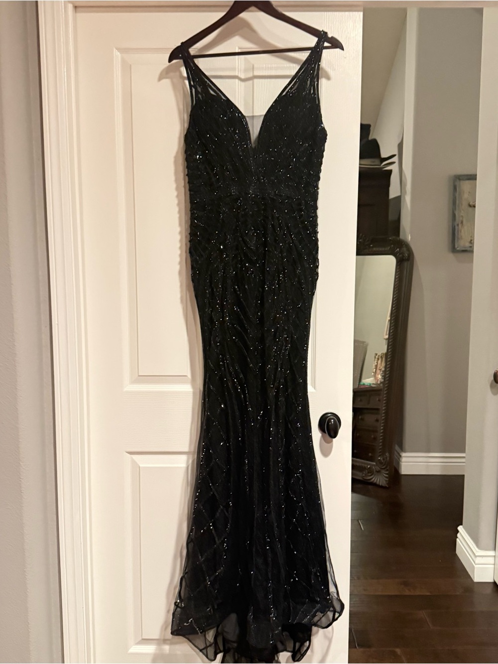 Black Beaded V-Neck Prom Gown